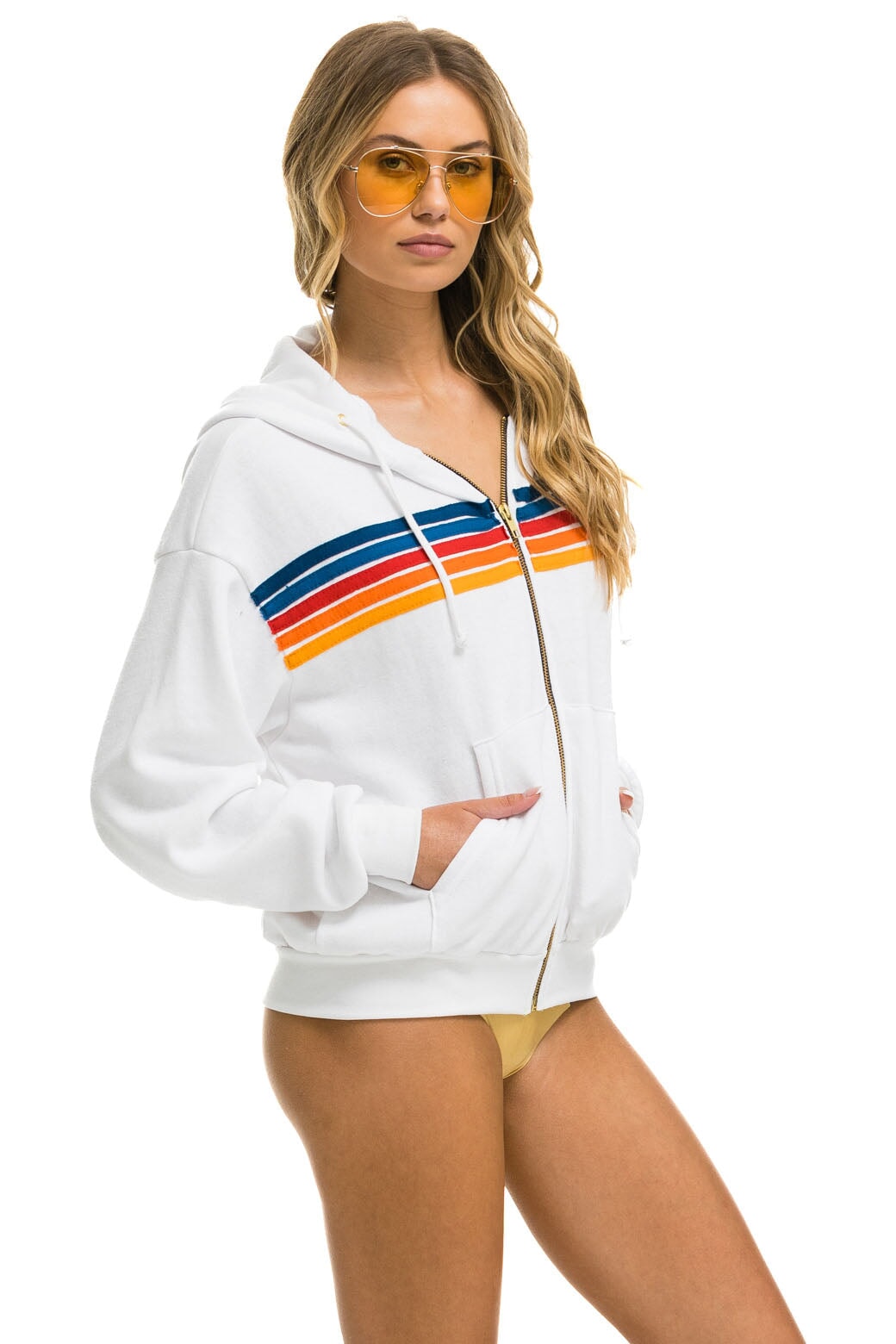 5 STRIPE RELAXED ZIP HOODIE - WHITE 2 - Image 3
