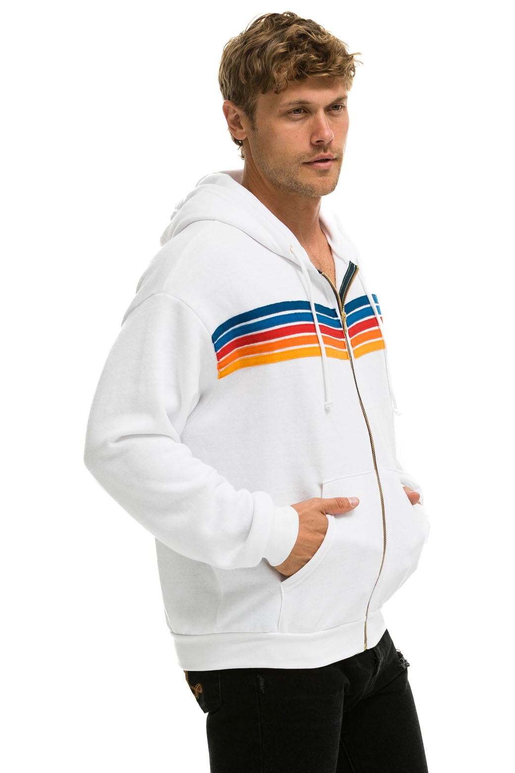 5 STRIPE RELAXED ZIP HOODIE - WHITE 2 - Image 4