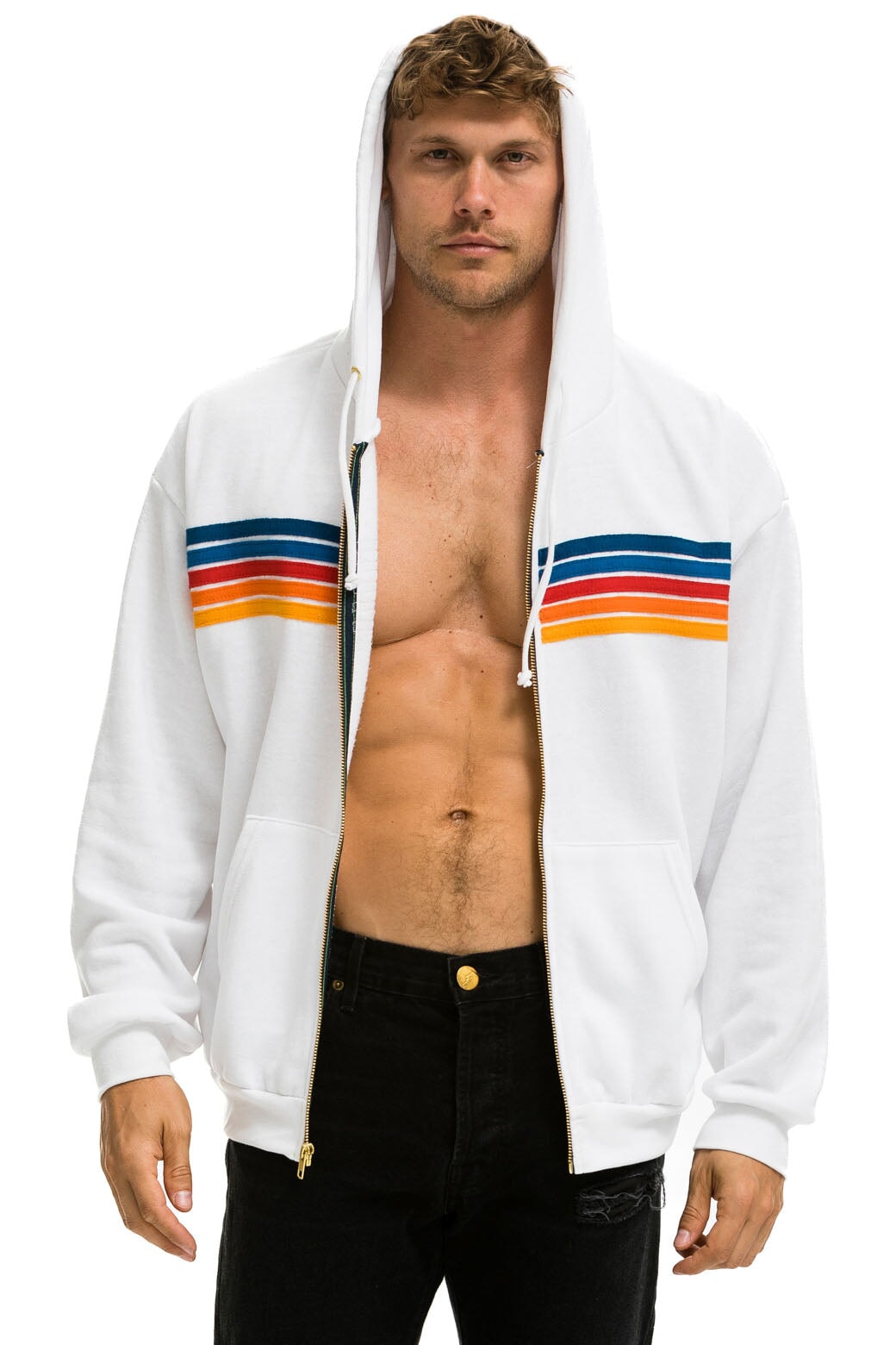 5 STRIPE RELAXED ZIP HOODIE - WHITE 2 - Image 2
