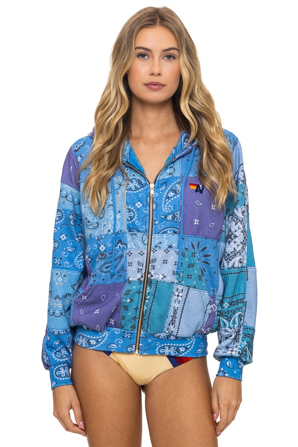 BANDANA QUILTED RELAXED ZIP HOODIE - BLUE