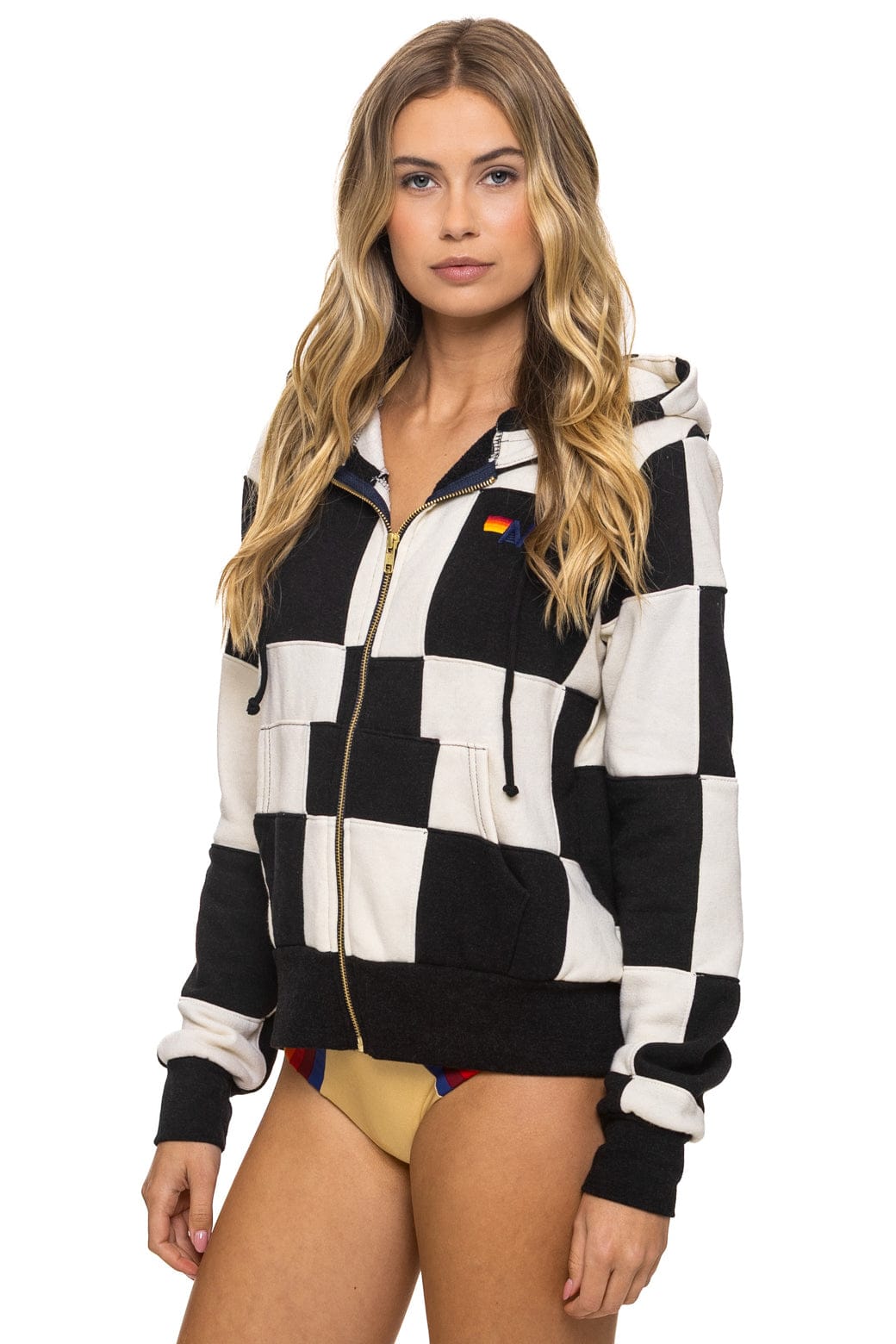 CHECK QUILT ZIP HOODIE - VINTAGE WHITE // BLACK - Image 7