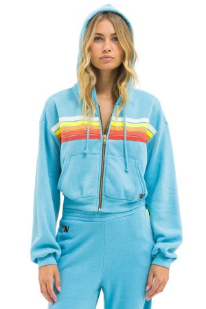 5 STRIPE CROPPED ZIP HOODIE RELAXED - AQUA // WHITE NEON