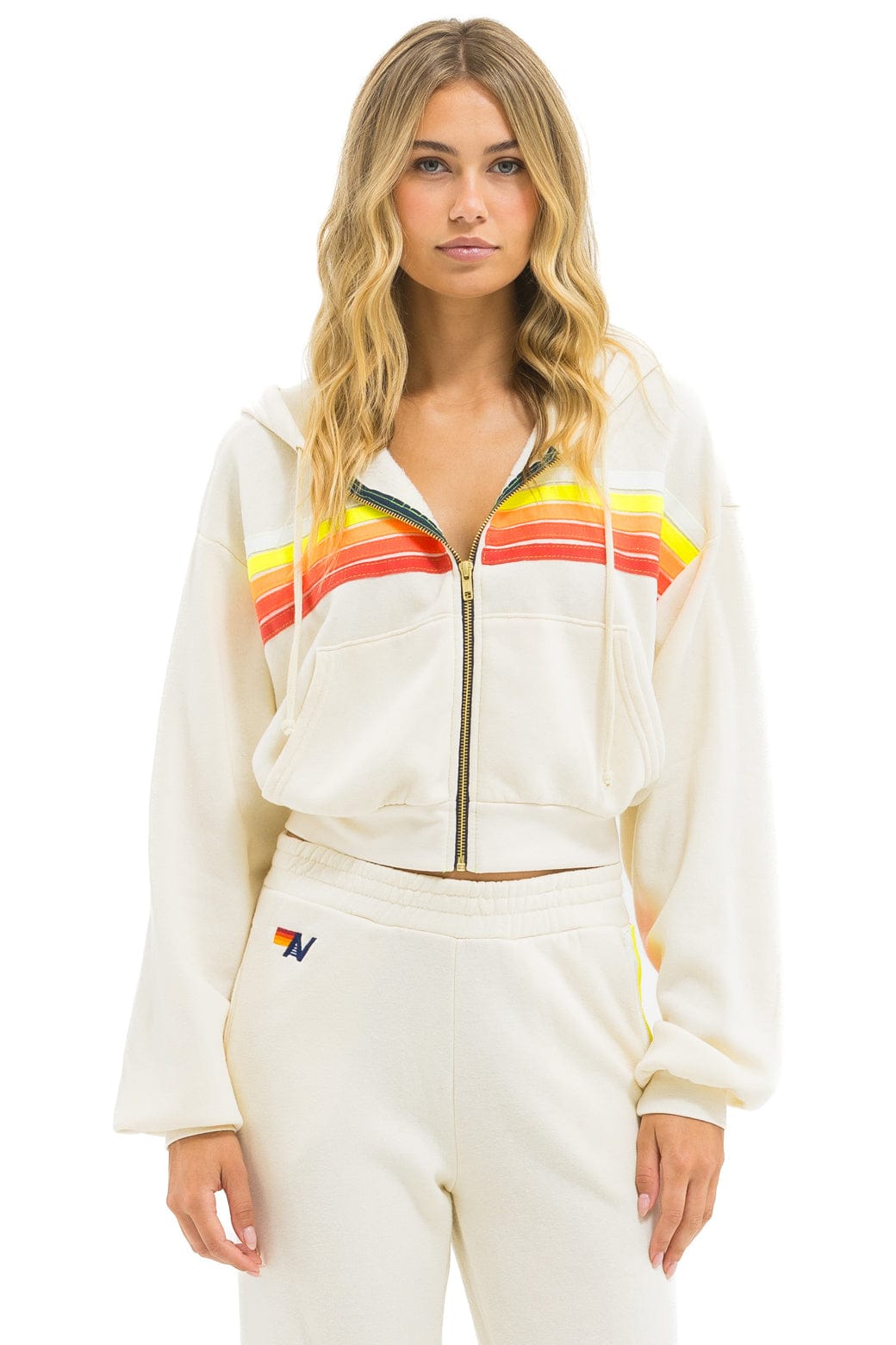 5 STRIPE CROPPED ZIP HOODIE RELAXED - VINTAGE WHITE // WHITE NEON - Image 3