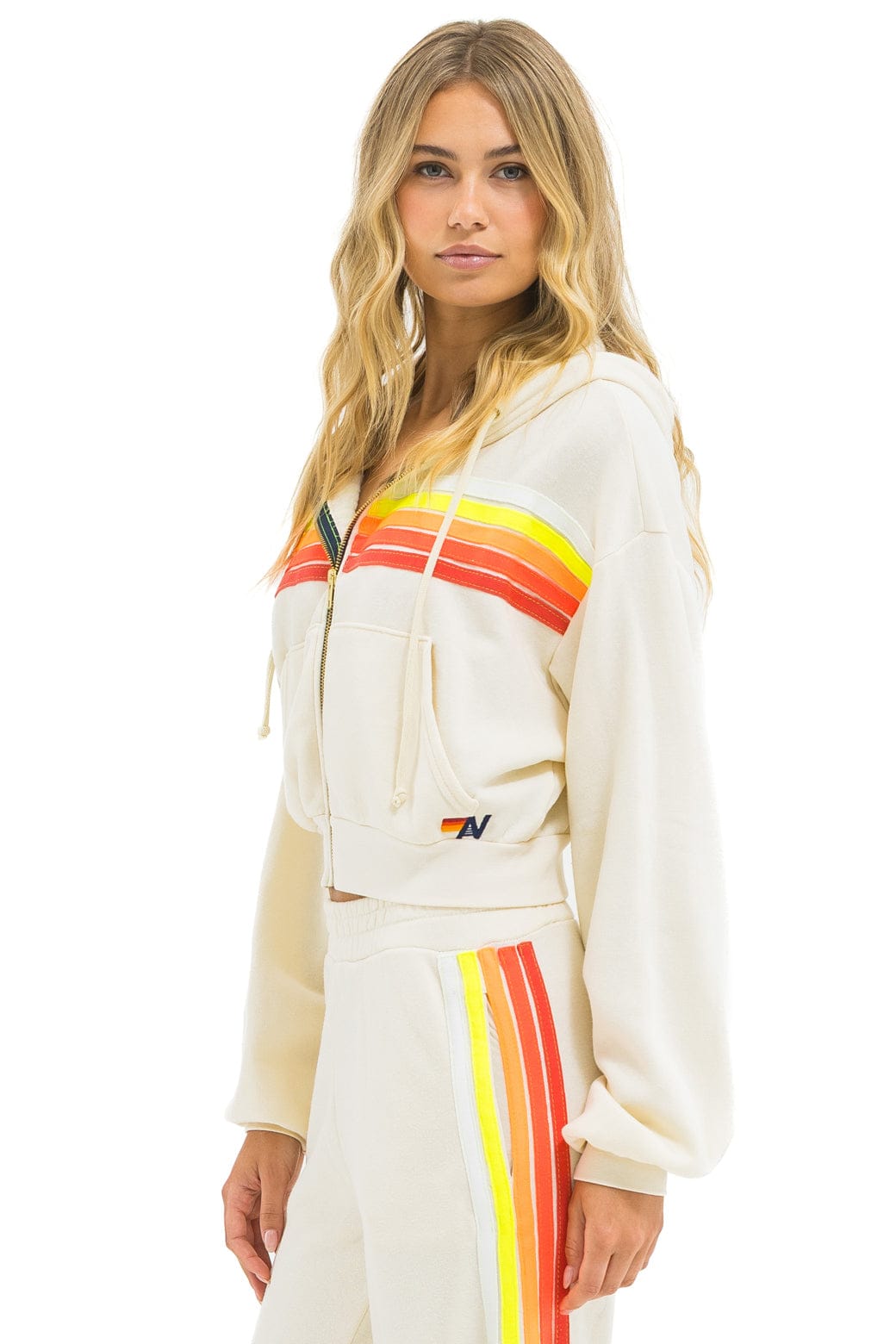5 STRIPE CROPPED ZIP HOODIE RELAXED - VINTAGE WHITE // WHITE NEON - Image 2
