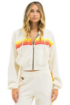 5 STRIPE CROPPED ZIP HOODIE RELAXED - VINTAGE WHITE // WHITE NEON