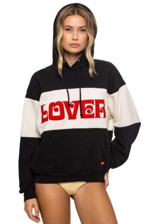 LOVER EMBROIDERY COLOR BLOCK PULLOVER HOODIE RELAXED - BLACK // VINTAGE WHITE