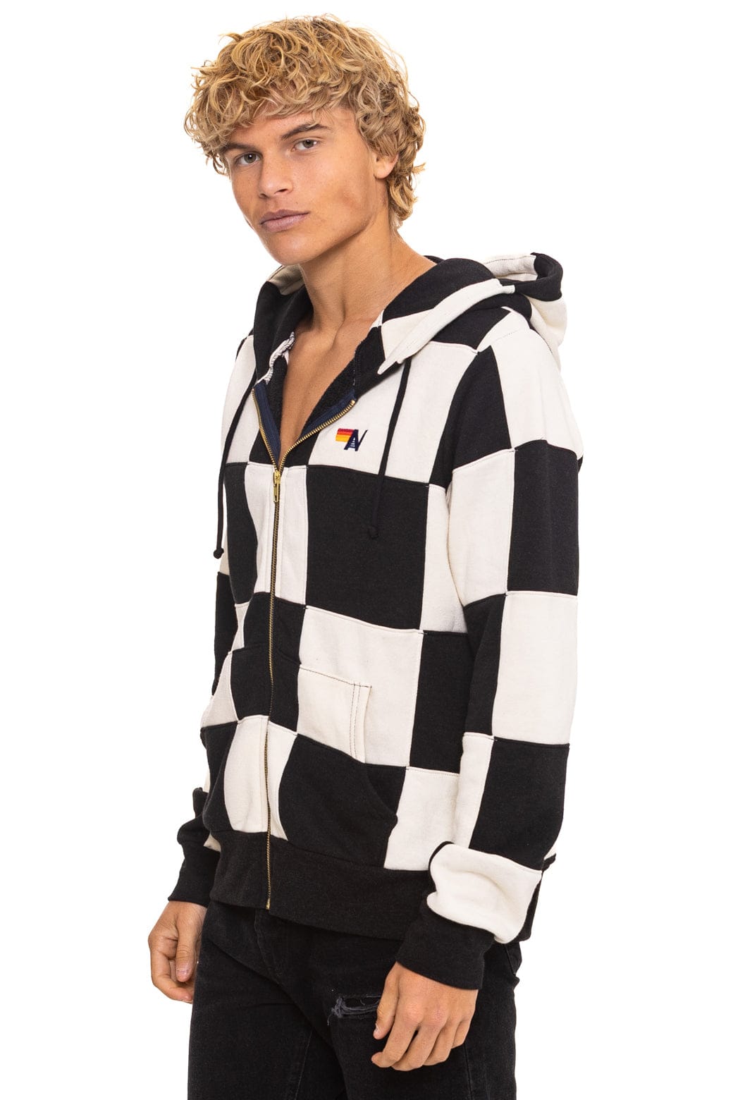 CHECK QUILT ZIP HOODIE - VINTAGE WHITE // BLACK - Image 8