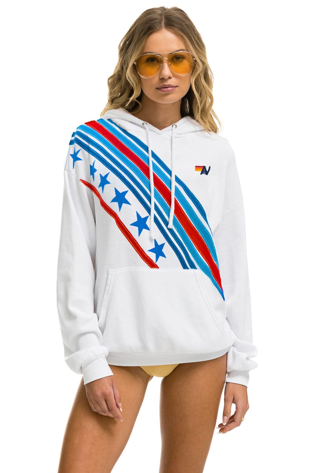 CROSS STRIPE STARS RELAXED PULLOVER HOODIE - WHITE // USA