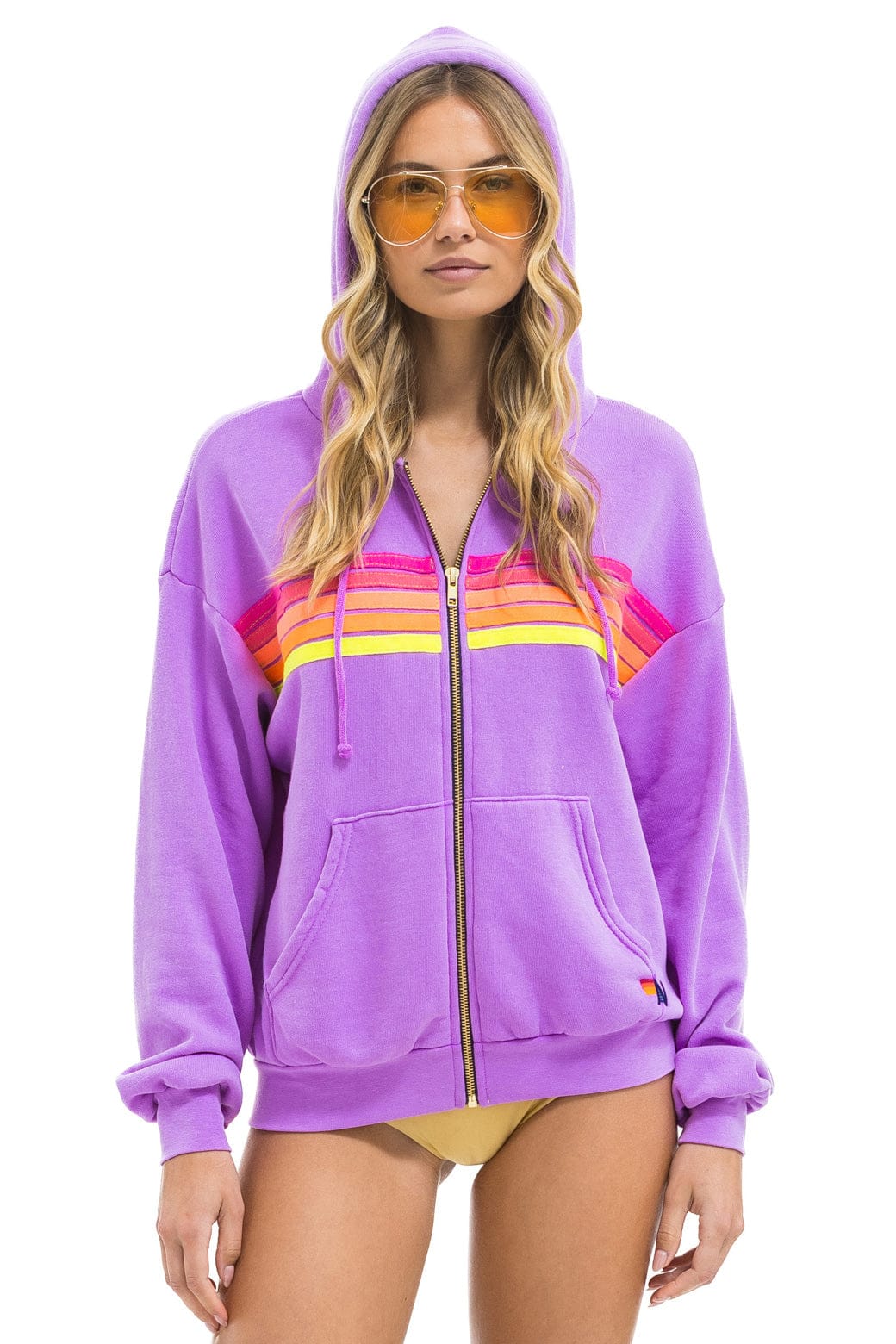 5 STRIPE RELAXED ZIP HOODIE - NEON PURPLE // NEON - Image 4