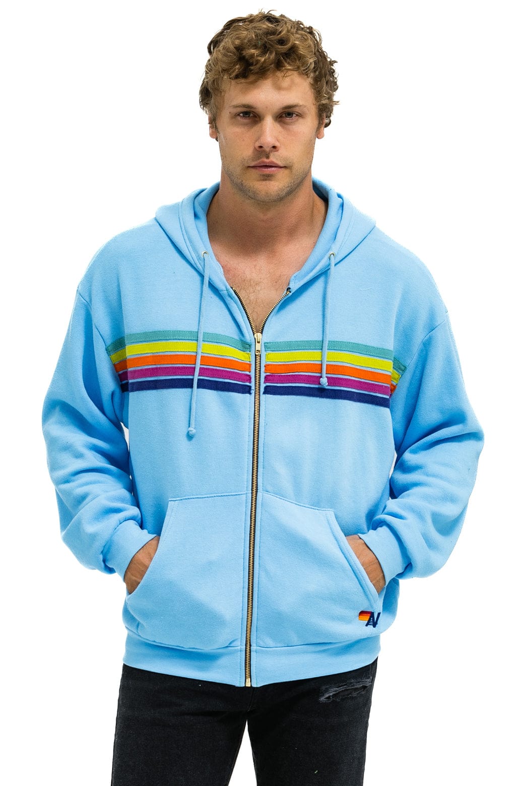 5 STRIPE RELAXED ZIP HOODIE - SKY // RAINBOW - Image 6