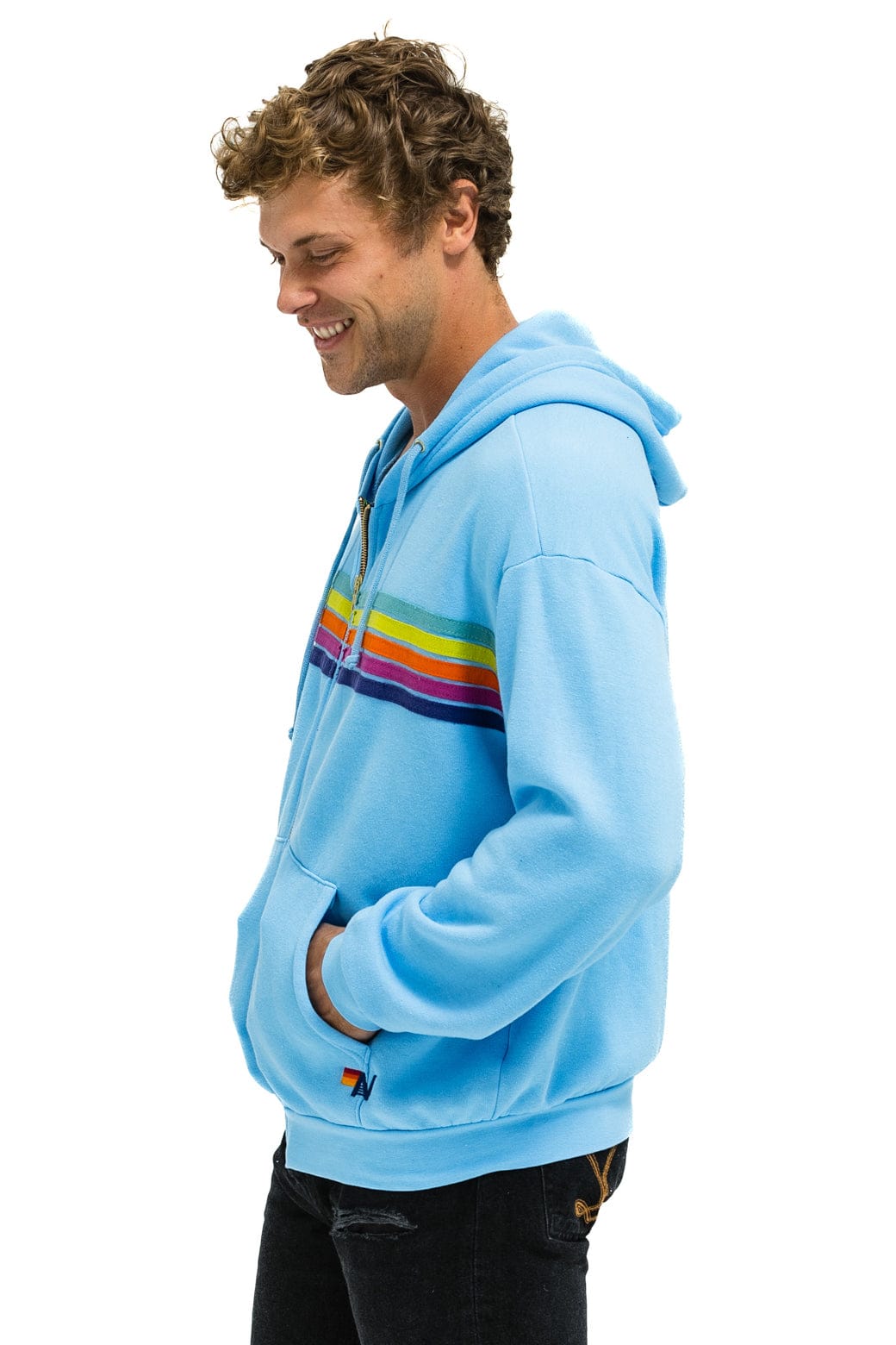 5 STRIPE RELAXED ZIP HOODIE - SKY // RAINBOW - Image 4