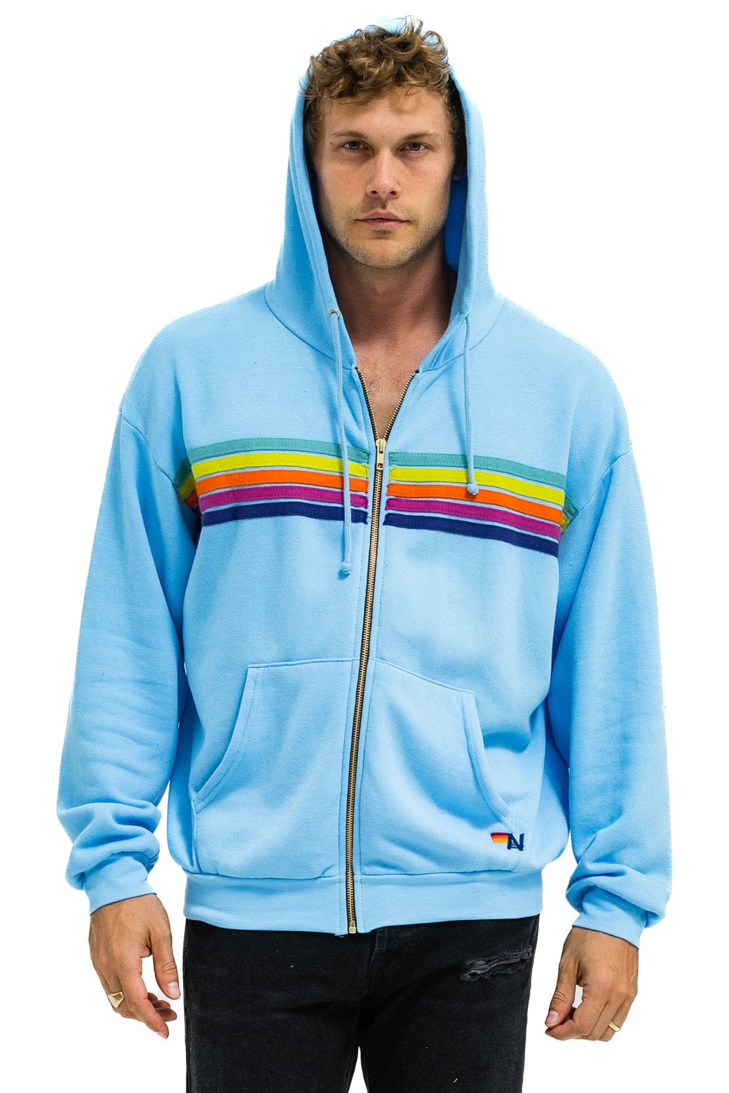 5 STRIPE RELAXED ZIP HOODIE - SKY // RAINBOW - Image 2
