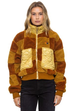 TEDDY CHECKERBOARD WOMENS FULL ZIP JACKET - HONEY // WHISKEY