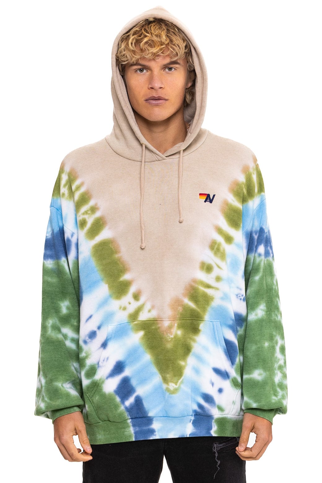 HAND DYED V RELAXED PULLOVER HOODIE - TIE DYE SAND // BLUE GREEN - Image 2