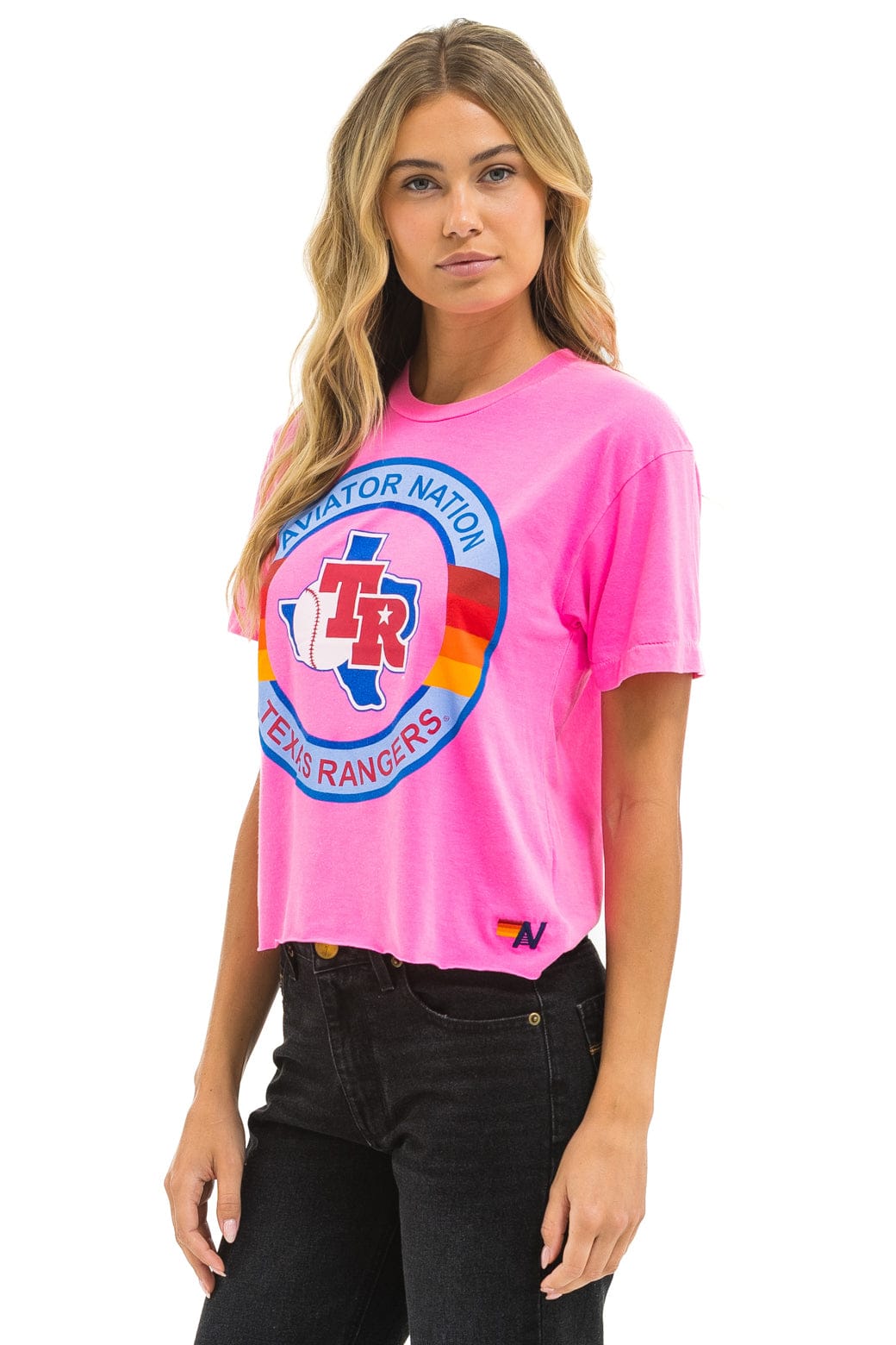 TEXAS RANGERS AVIATOR NATION WOMEN'S BOYFRIEND TEE - NEON PINK - Image 4