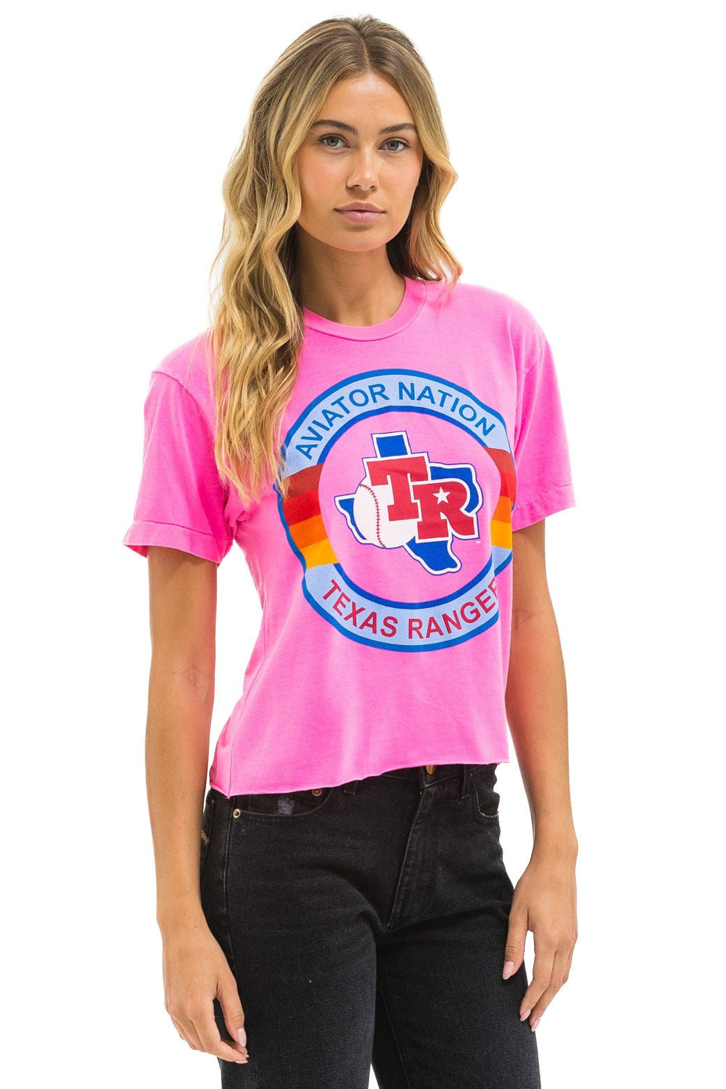 TEXAS RANGERS AVIATOR NATION WOMEN'S BOYFRIEND TEE - NEON PINK - Image 2