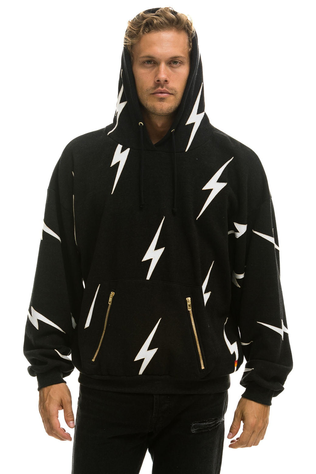 BOLT STITCH REPEAT RELAXED PULLOVER HOODIE WITH POCKET ZIPPERS - BLACK // WHITE - Image 8