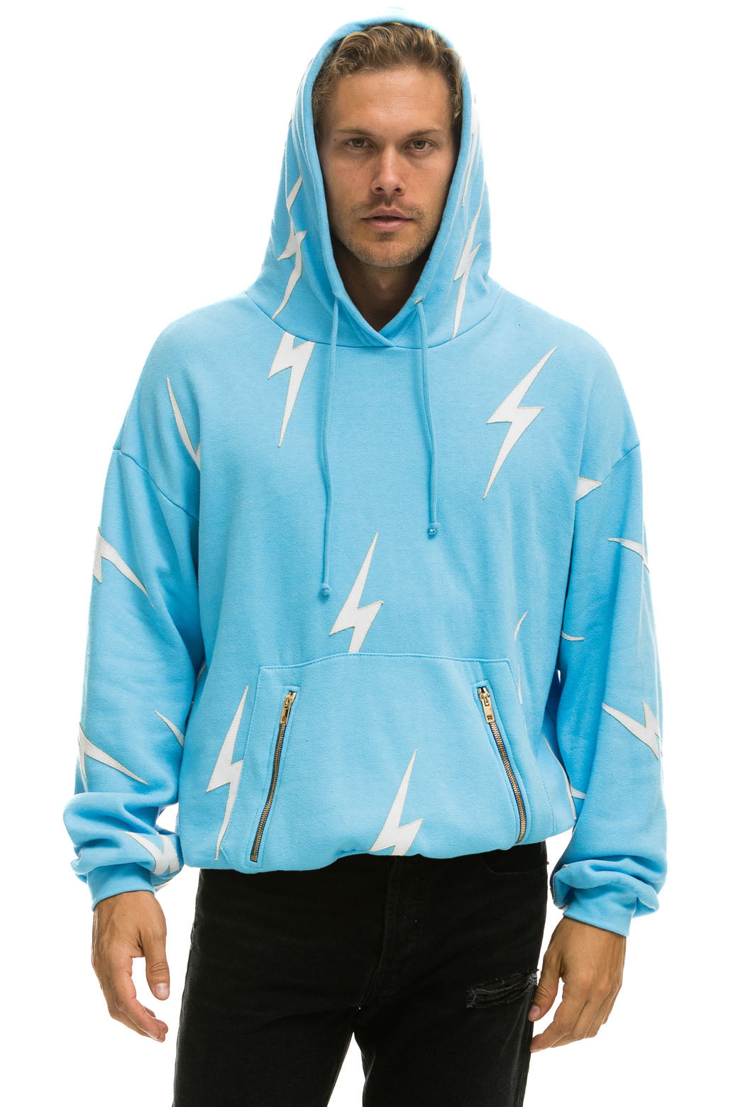 BOLT STITCH REPEAT RELAXED PULLOVER HOODIE WITH POCKET ZIPPERS - SKY // WHITE - Image 2
