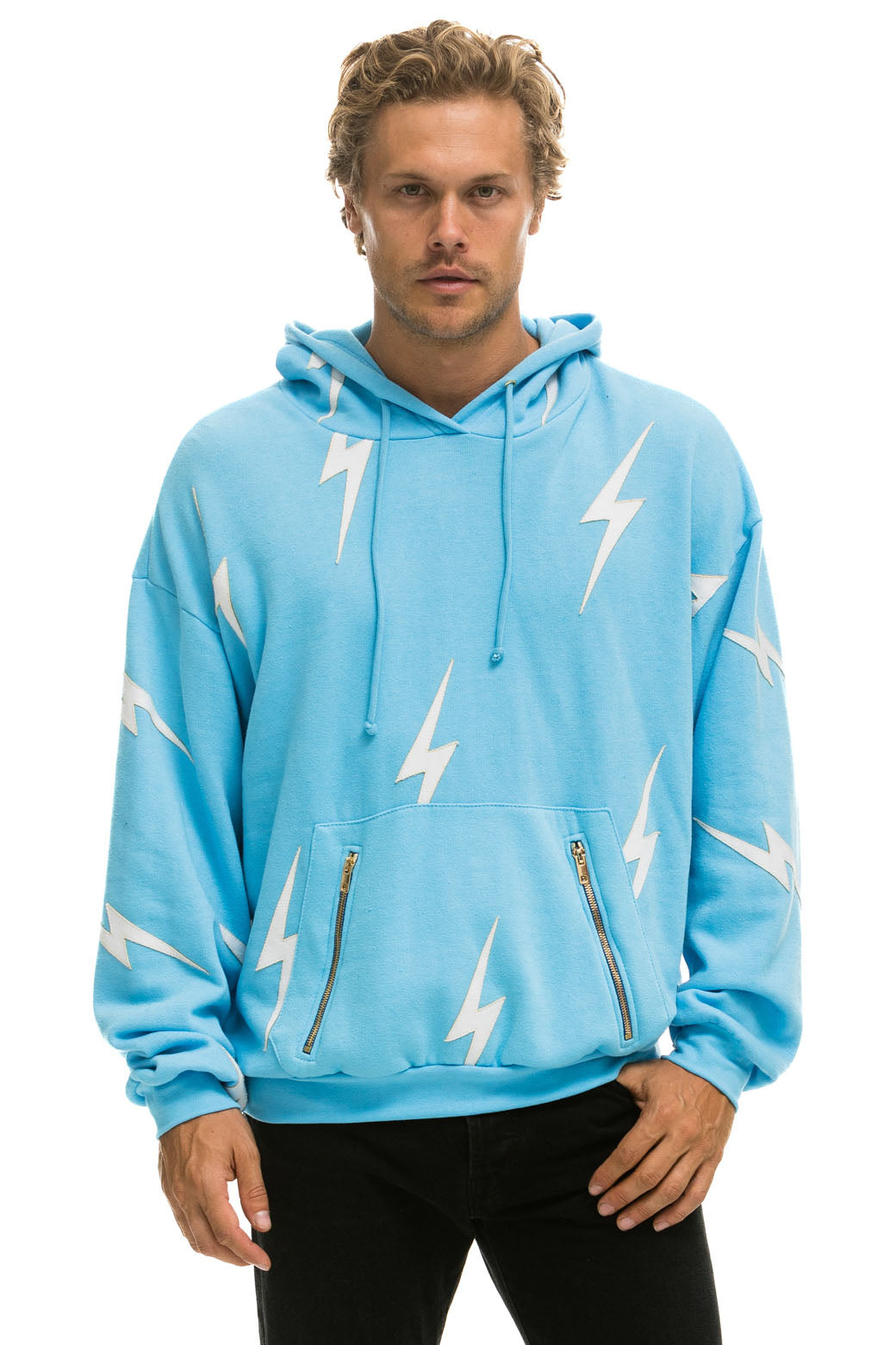 BOLT STITCH REPEAT RELAXED PULLOVER HOODIE WITH POCKET ZIPPERS - SKY // WHITE - Image 8