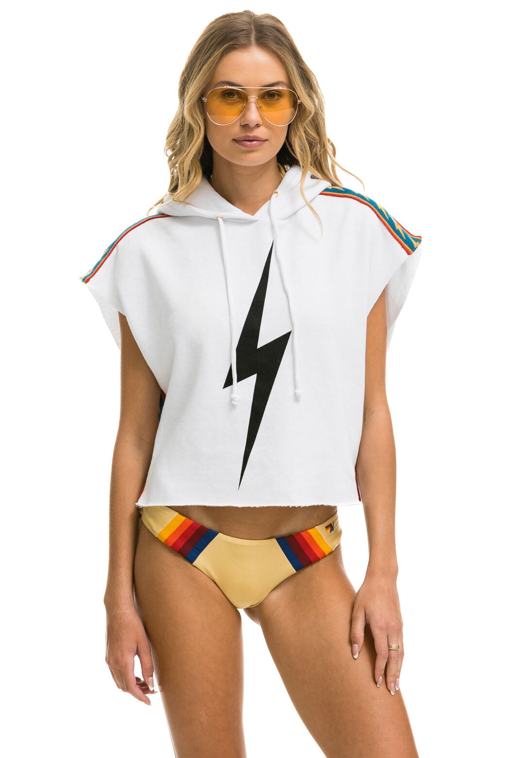 BOLT STRIPE SLEEVELESS RELAXED CROPPED PULLOVER HOODIE - WHITE - Image 5