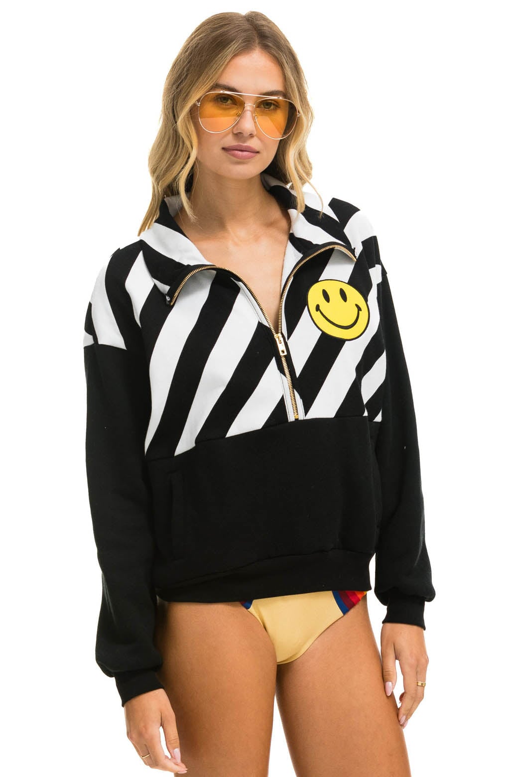 CAUTION SMILEY 2 EMBROIDERY FLEECE HALF ZIP SWEATSHIRT - BLACK // WHITE - Image 4