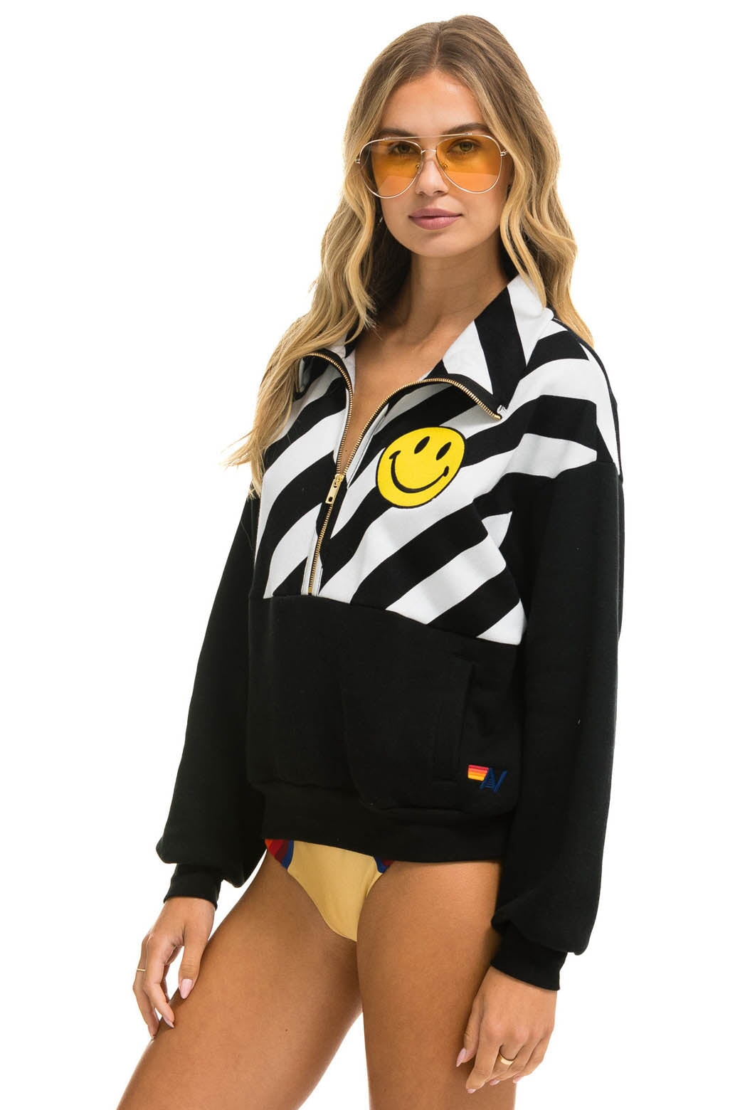 CAUTION SMILEY 2 EMBROIDERY FLEECE HALF ZIP SWEATSHIRT - BLACK // WHITE - Image 2