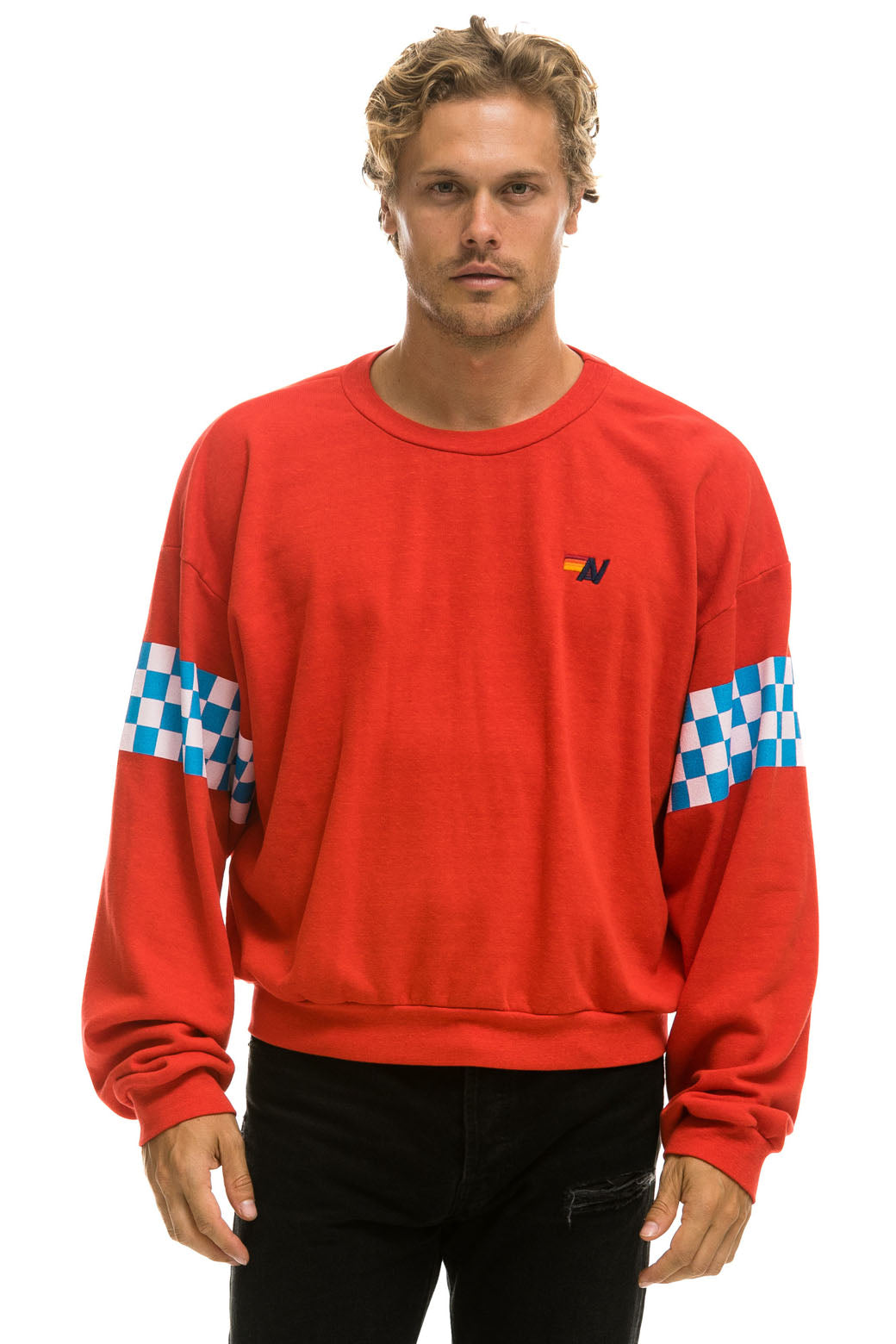 CHECK 2 SLEEVE RELAXED CREW SWEATSHIRT - RED // WHITE // BLUE - Image 2