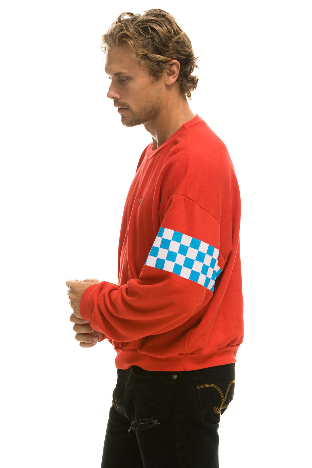 CHECK 2 SLEEVE RELAXED CREW SWEATSHIRT - RED // WHITE // BLUE - Image 4