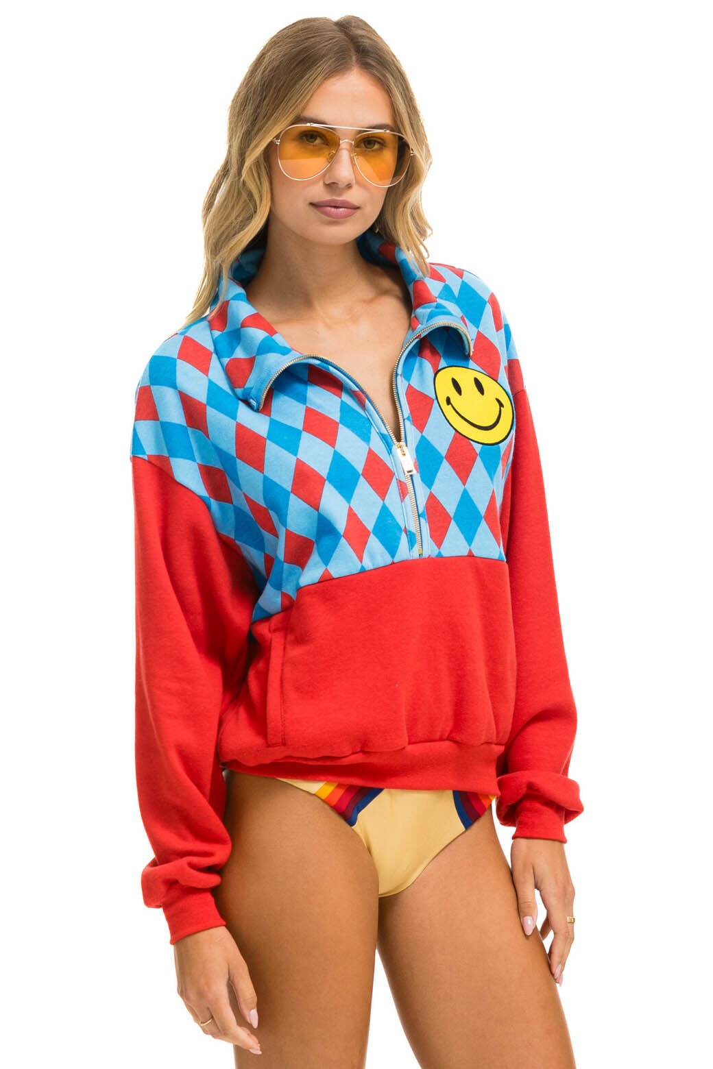 DIAMOND SMILEY 2 FLEECE HALF ZIP COLOR BLOCK SWEATSHIRT - RED // SKY - Image 5