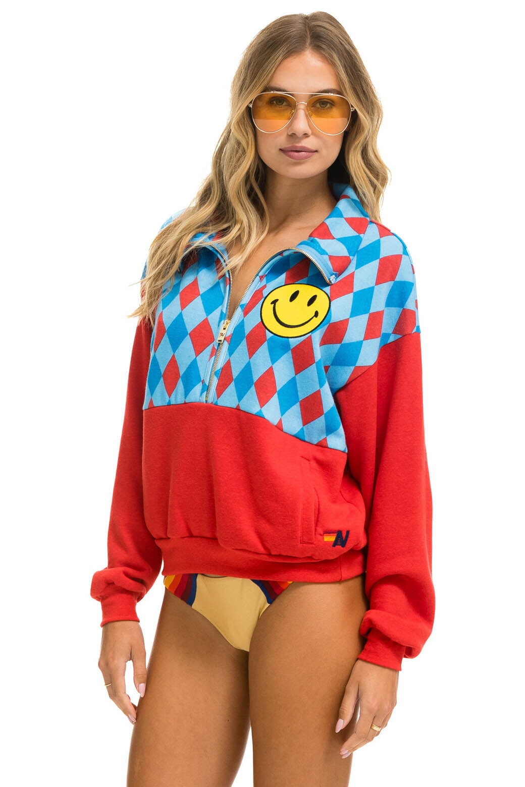 DIAMOND SMILEY 2 FLEECE HALF ZIP COLOR BLOCK SWEATSHIRT - RED // SKY - Image 3