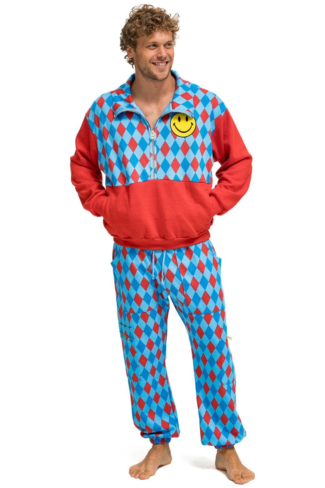 DIAMOND SMILEY 2 FLEECE HALF ZIP COLOR BLOCK SWEATSHIRT - RED // SKY - Image 10