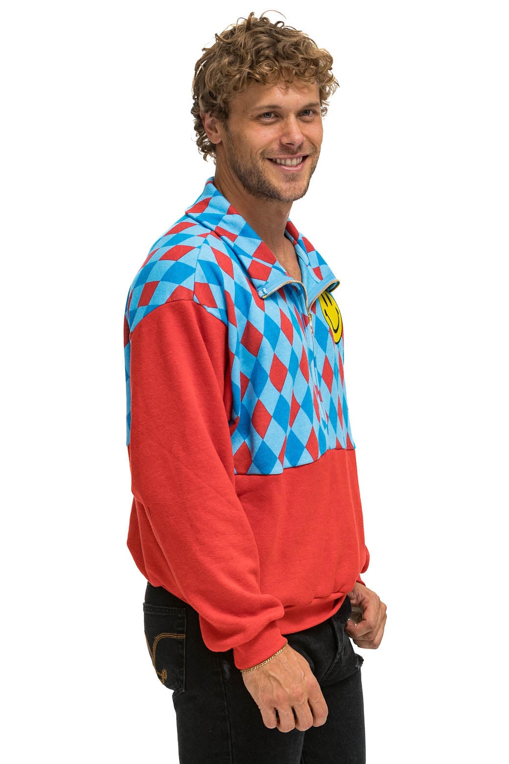 DIAMOND SMILEY 2 FLEECE HALF ZIP COLOR BLOCK SWEATSHIRT - RED // SKY - Image 6