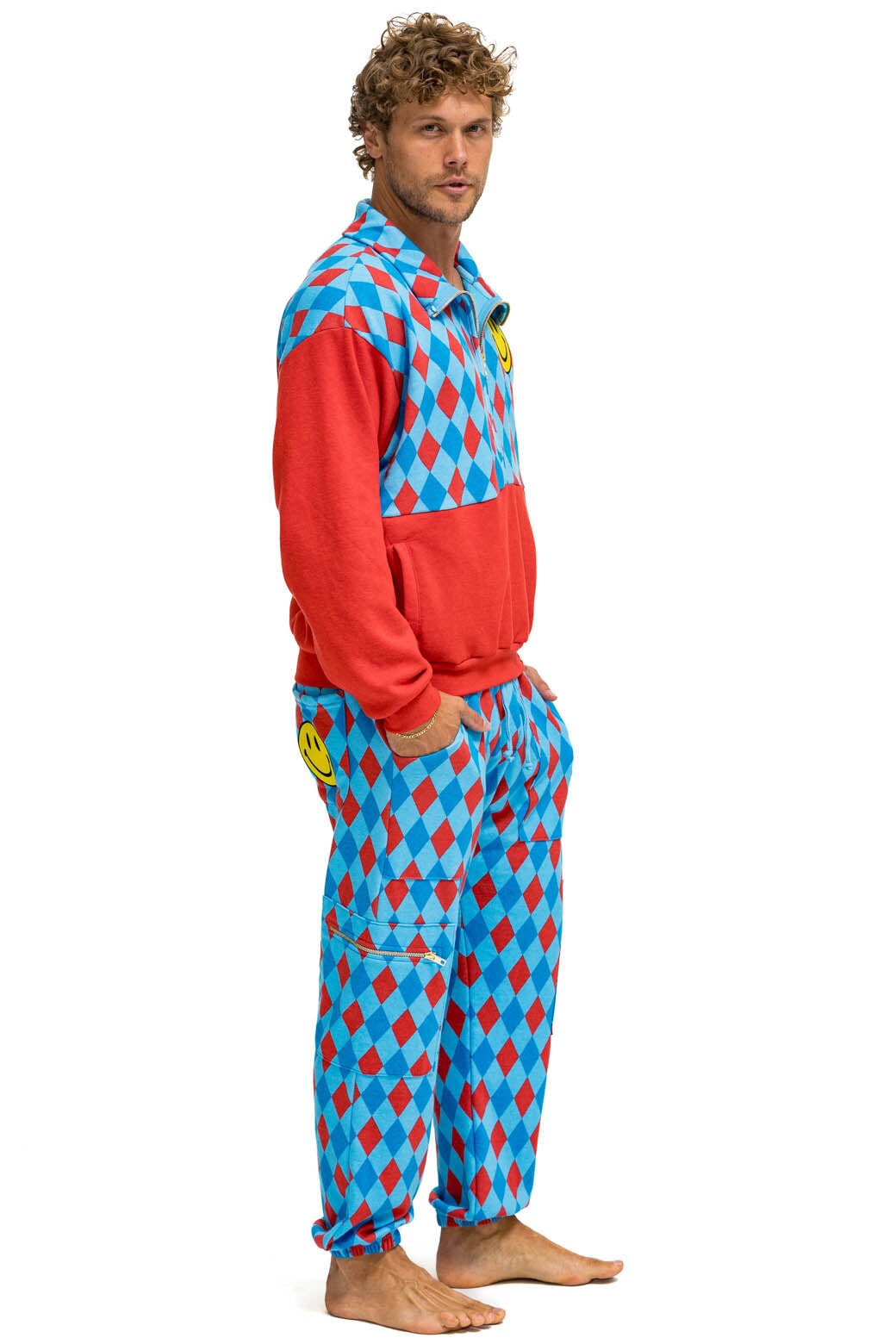 DIAMOND SMILEY 2 FLEECE HALF ZIP COLOR BLOCK SWEATSHIRT - RED // SKY - Image 9