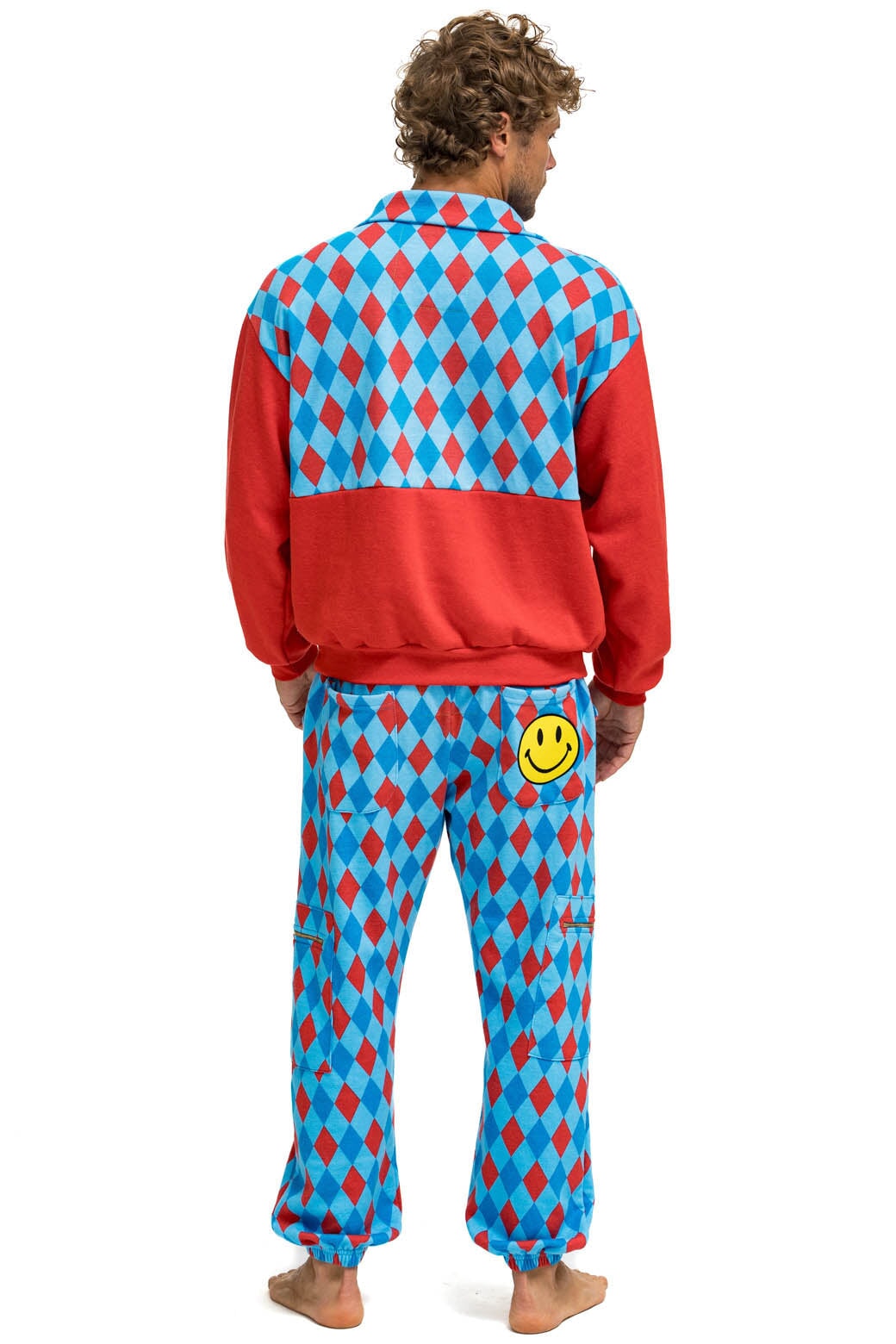 DIAMOND SMILEY 2 FLEECE HALF ZIP COLOR BLOCK SWEATSHIRT - RED // SKY - Image 11