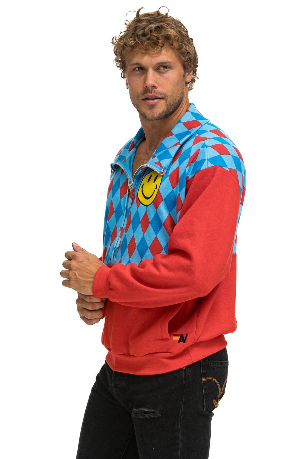 DIAMOND SMILEY 2 FLEECE HALF ZIP COLOR BLOCK SWEATSHIRT - RED // SKY - Image 4