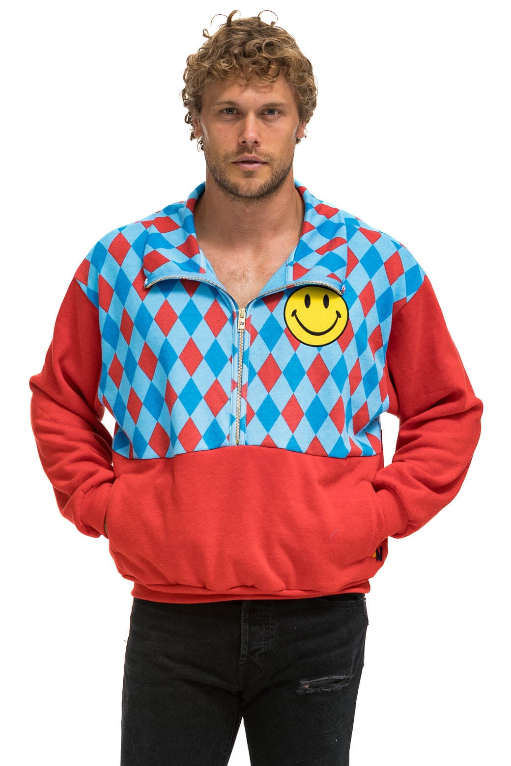 DIAMOND SMILEY 2 FLEECE HALF ZIP COLOR BLOCK SWEATSHIRT - RED // SKY - Image 2