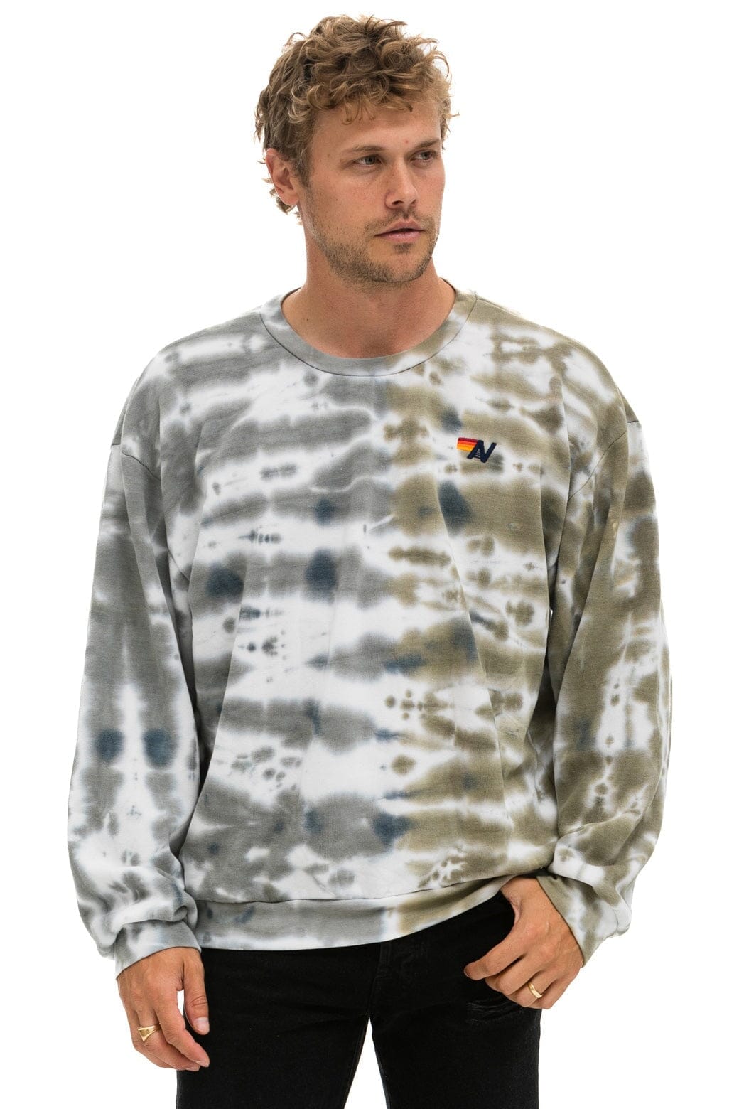 HAND DYED RELAXED CREW SWEATSHIRT - TIE DYE GREY // OLIVE - Image 2