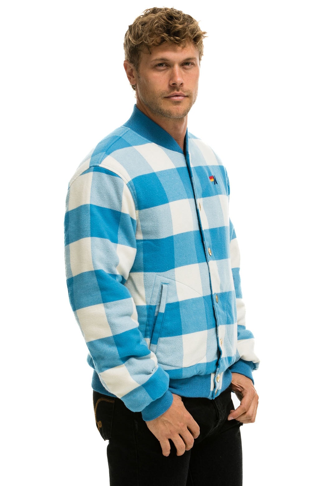 PLAID UNISEX VARSITY JACKET - SKY PLAID - Image 4