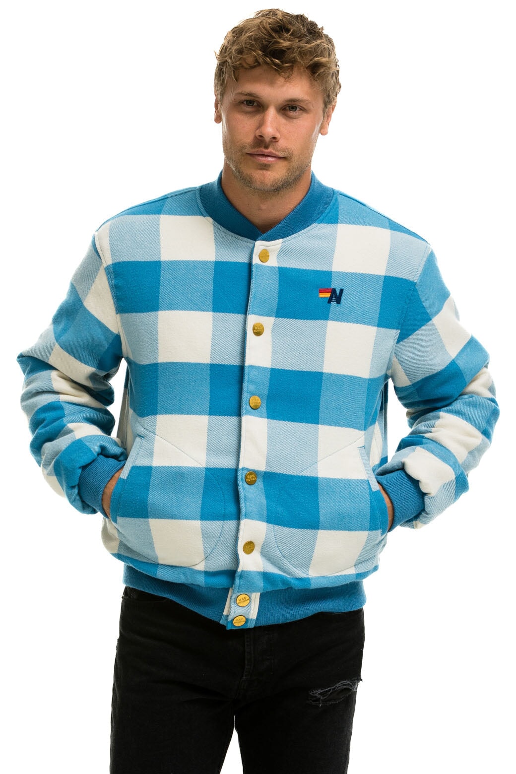 PLAID UNISEX VARSITY JACKET - SKY PLAID - Image 9