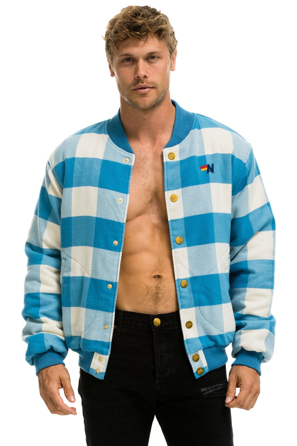 PLAID UNISEX VARSITY JACKET - SKY PLAID - Image 8