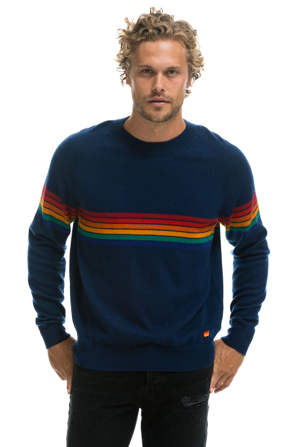 RAINBOW STRIPE 6 UNISEX LIGHT CASHMERE SWEATER - MIDNIGHT - Image 4