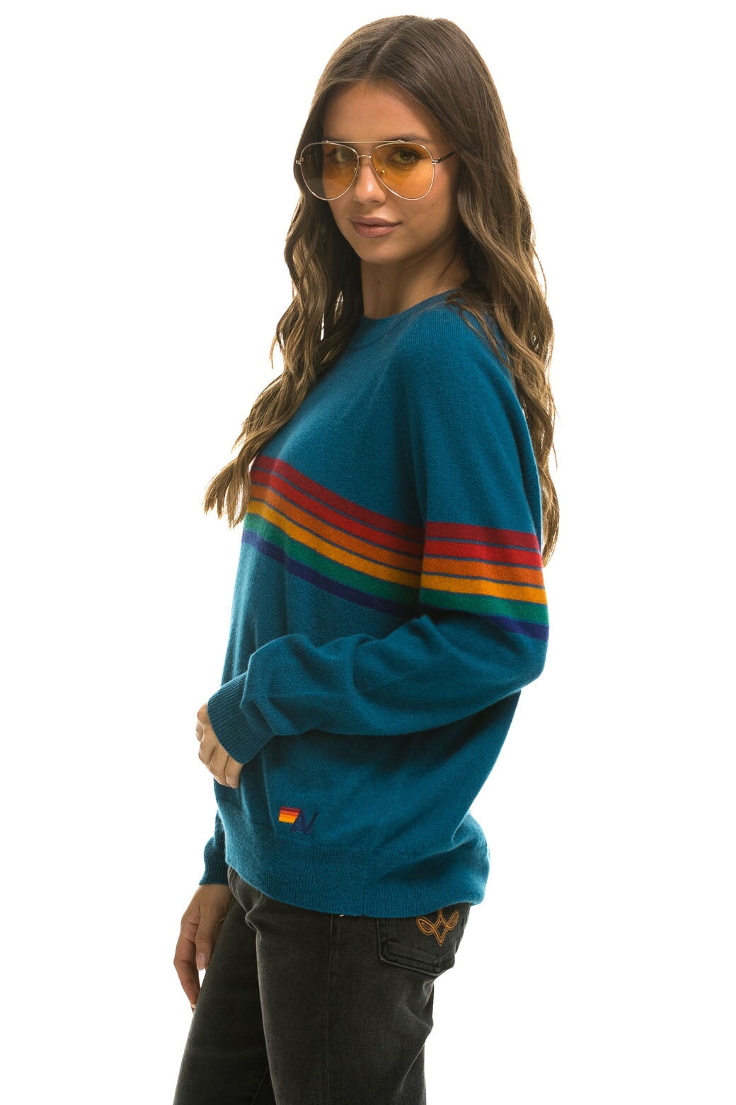 RAINBOW STRIPE 6 UNISEX LIGHT CASHMERE SWEATER - PEACOCK - Image 3