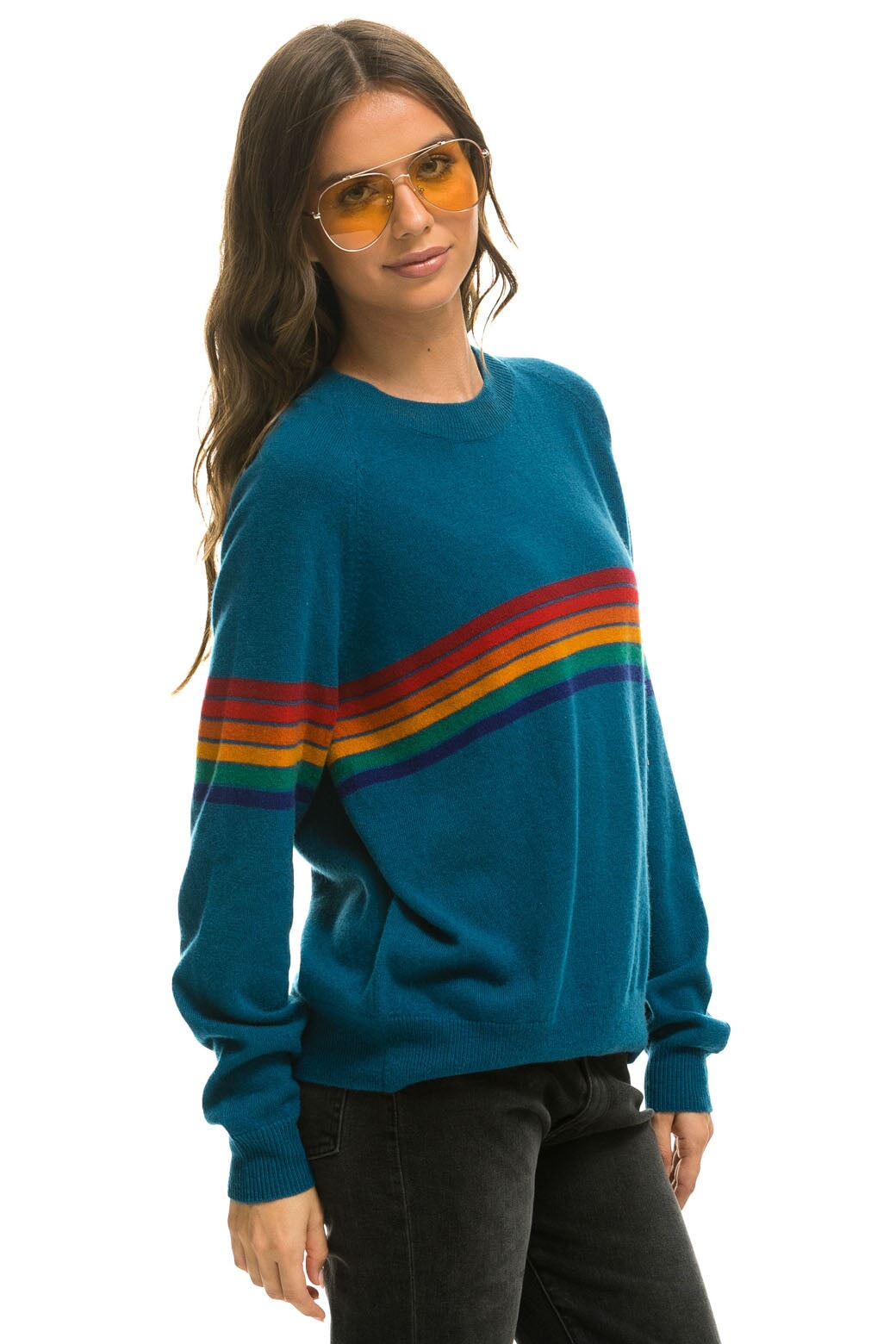 RAINBOW STRIPE 6 UNISEX LIGHT CASHMERE SWEATER - PEACOCK - Image 7