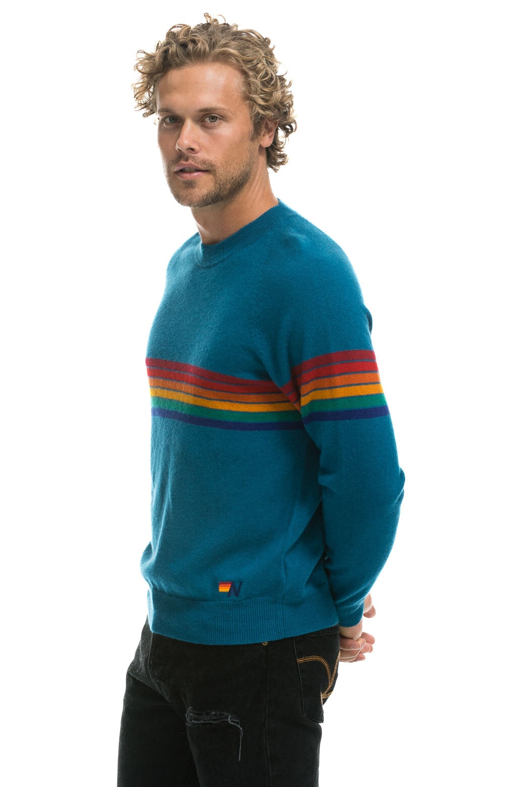 RAINBOW STRIPE 6 UNISEX LIGHT CASHMERE SWEATER - PEACOCK - Image 4