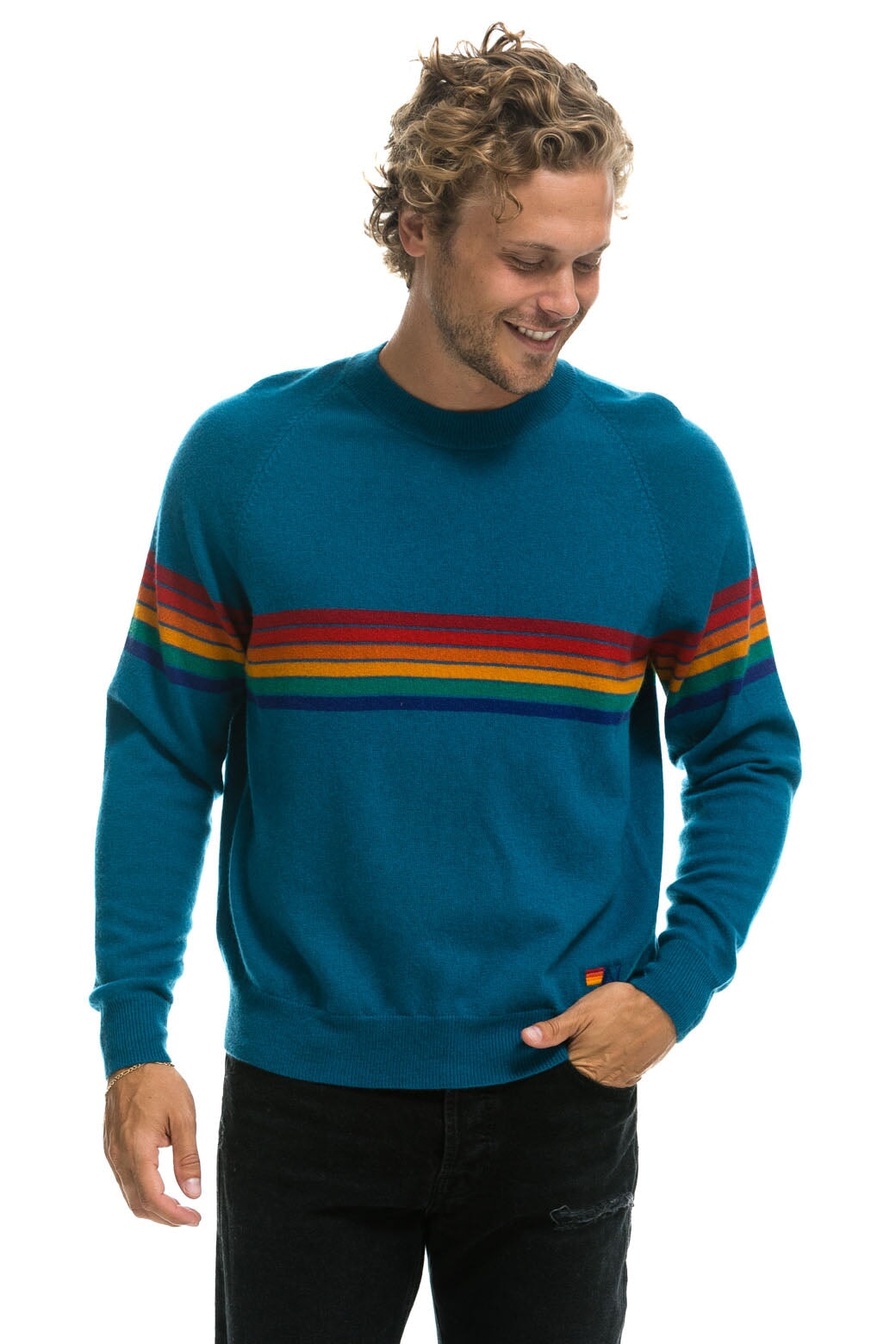 RAINBOW STRIPE 6 UNISEX LIGHT CASHMERE SWEATER - PEACOCK - Image 2