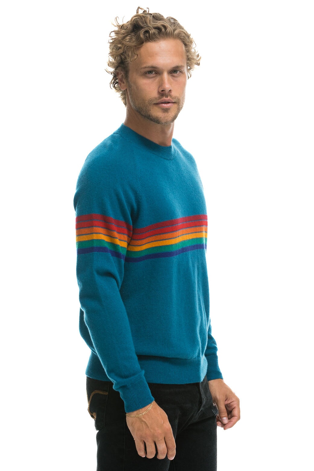 RAINBOW STRIPE 6 UNISEX LIGHT CASHMERE SWEATER - PEACOCK - Image 8