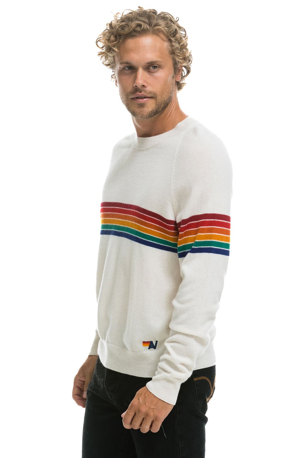 RAINBOW STRIPE 6 UNISEX LIGHT CASHMERE SWEATER - SNOW - Image 4