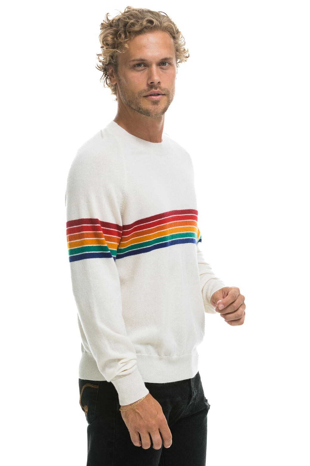RAINBOW STRIPE 6 UNISEX LIGHT CASHMERE SWEATER - SNOW - Image 8